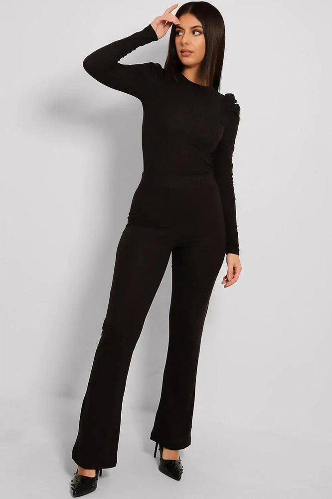 Ribbed Jersey Puff Sleeves Top And Trousers Set-SinglePrice