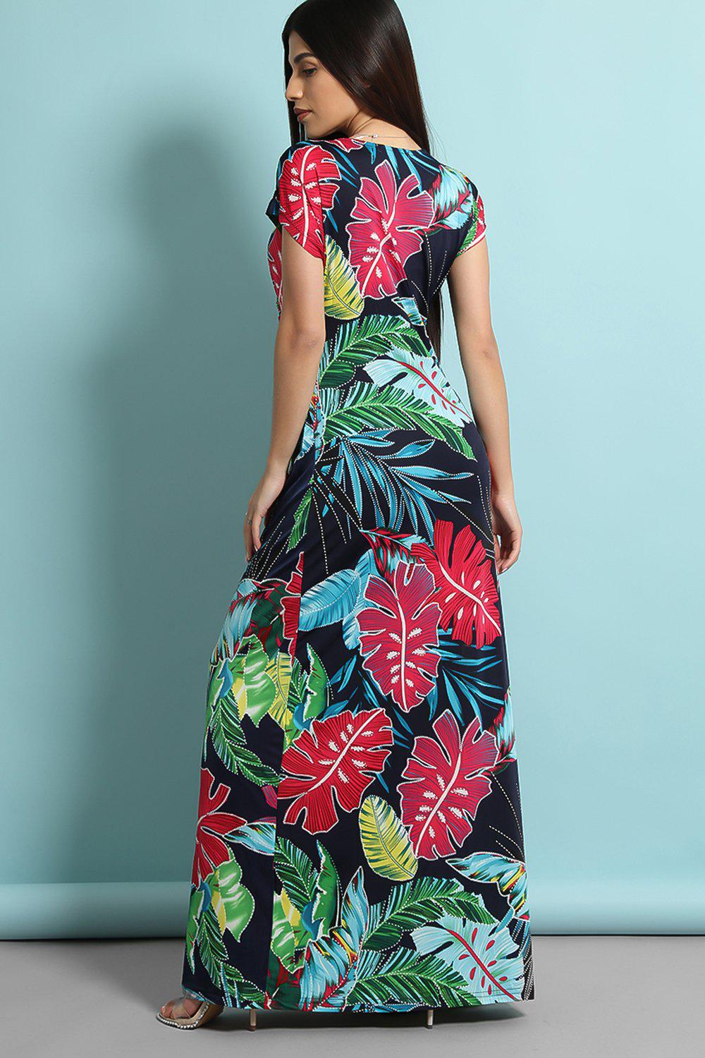 Navy Blue Large Tropical Leaves Print Maxi Slinky Dress - SinglePrice