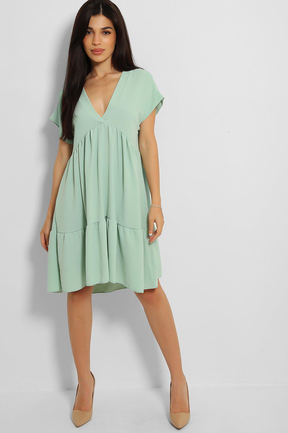 Mint V-Neck Tiered Midi Babydoll Dress - SinglePrice