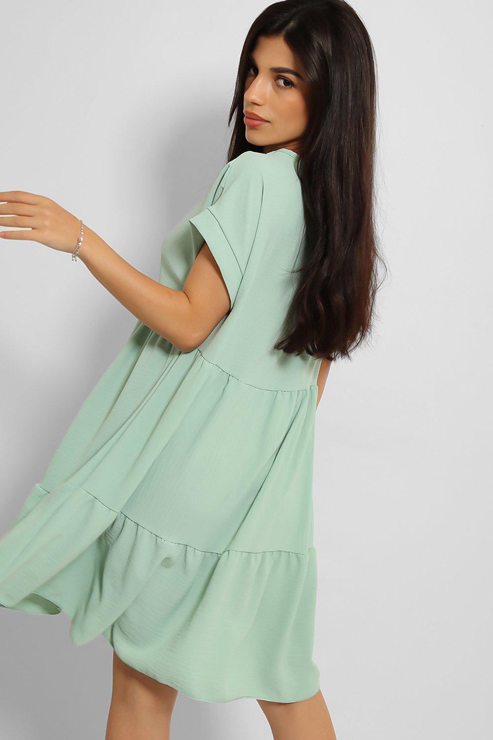 Mint V-Neck Tiered Midi Babydoll Dress - SinglePrice