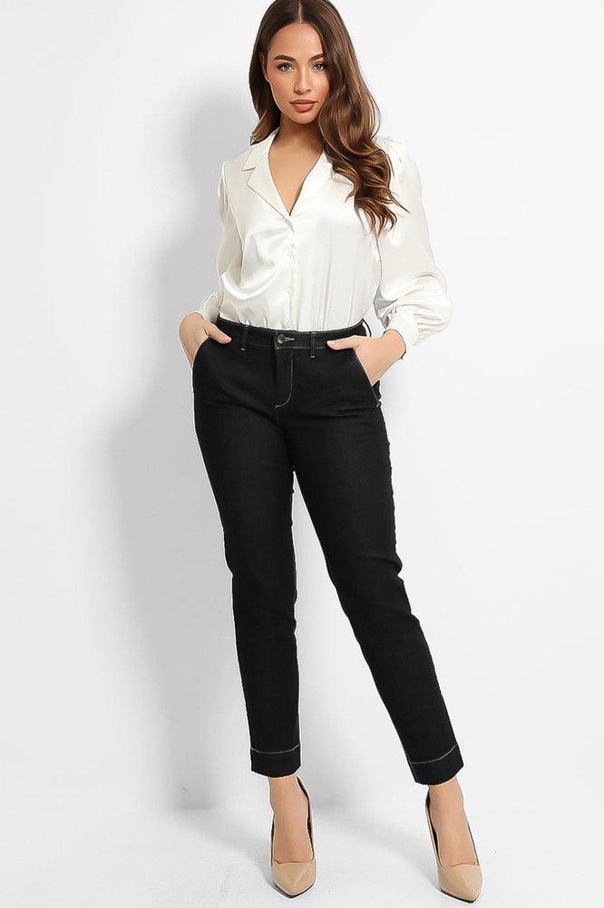 Navy Contrast Stitch Mid-Rise Waist Ankle Jeans-SinglePrice