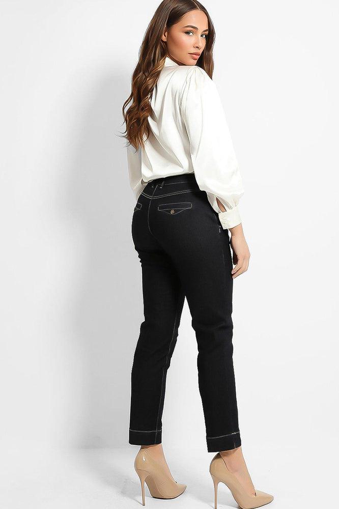 Navy Contrast Stitch Mid-Rise Waist Ankle Jeans-SinglePrice