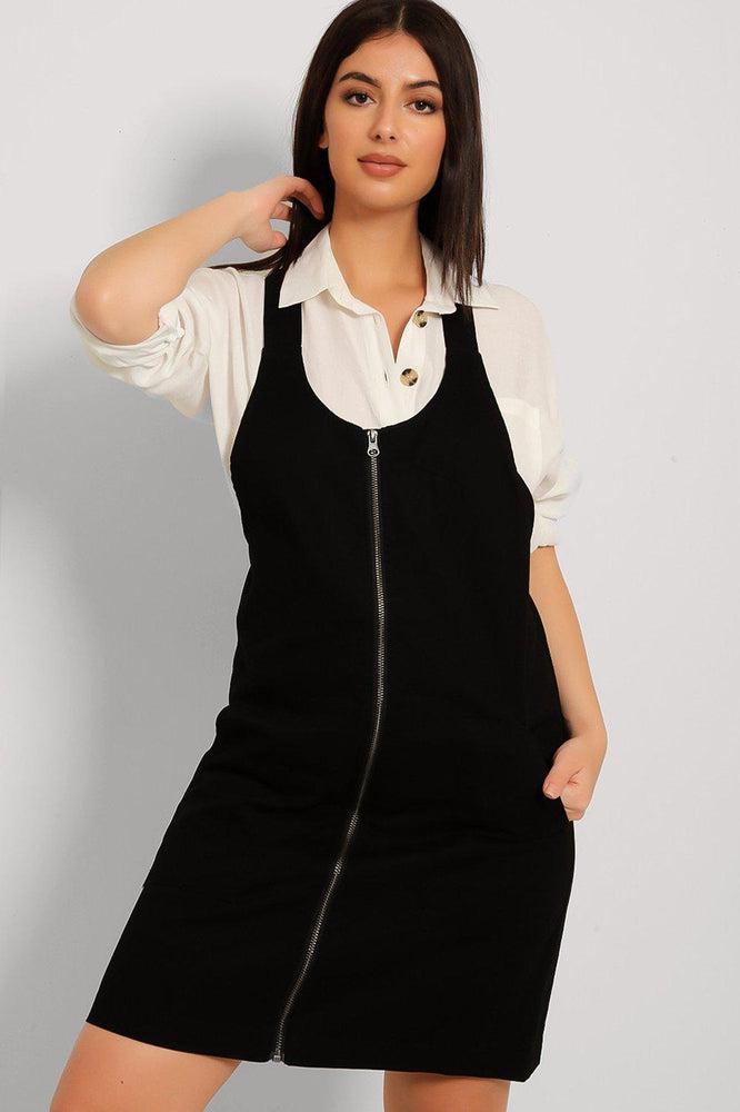 Black Denim Zipped Front Dungaree Dress-SinglePrice