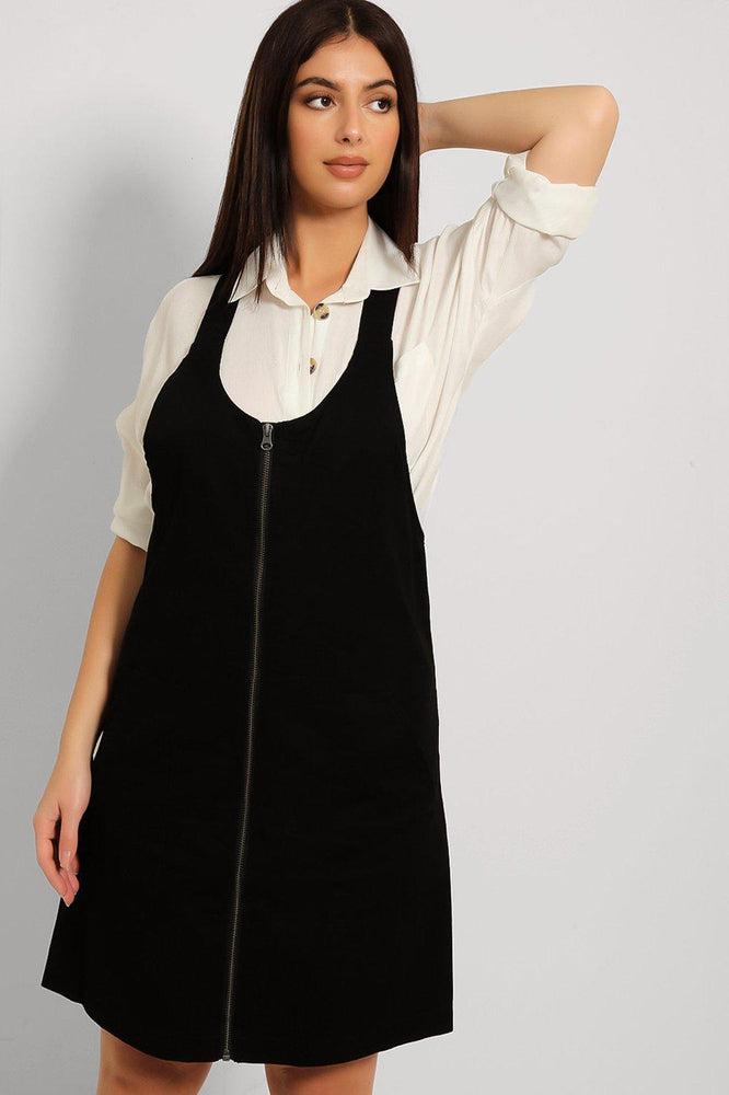 Black Denim Zipped Front Dungaree Dress-SinglePrice