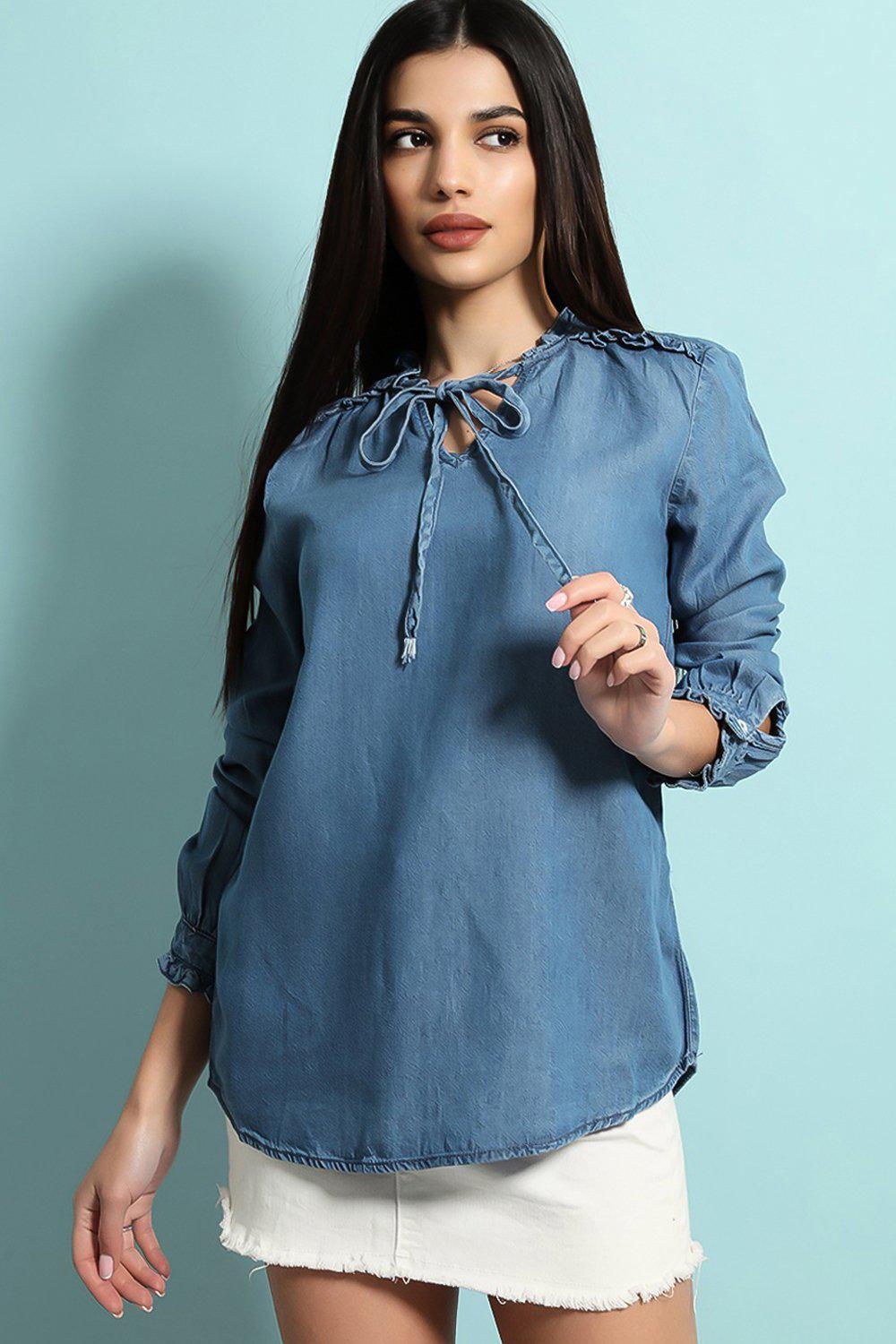 Denim Blue Neck Tie Blouse - SinglePrice