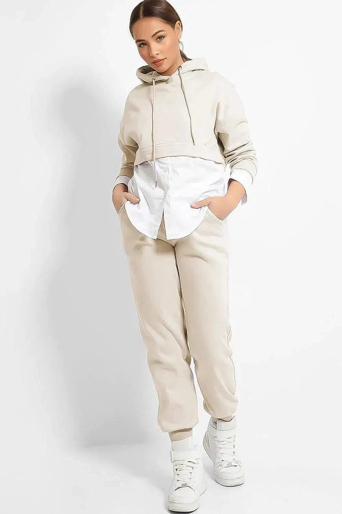 Beige Hooded Cropped White Shirt Insert Tracksuit-SinglePrice
