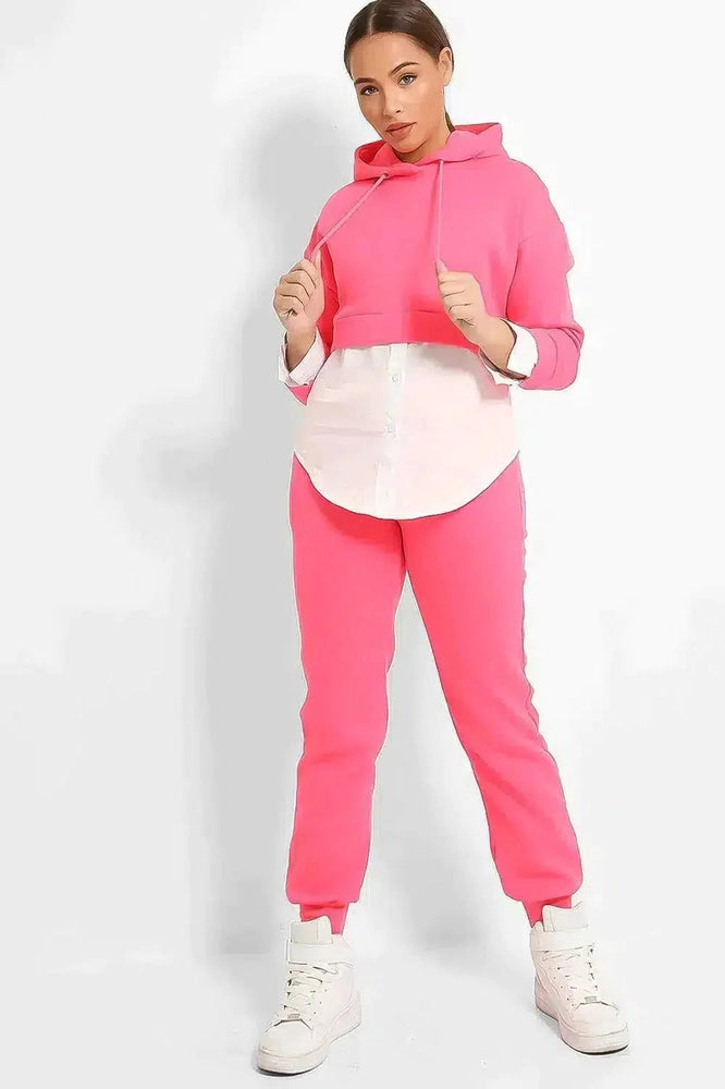 Hot Pink Hooded Cropped White Shirt Insert Tracksuit-SinglePrice