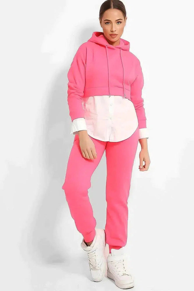 Hot Pink Hooded Cropped White Shirt Insert Tracksuit-SinglePrice