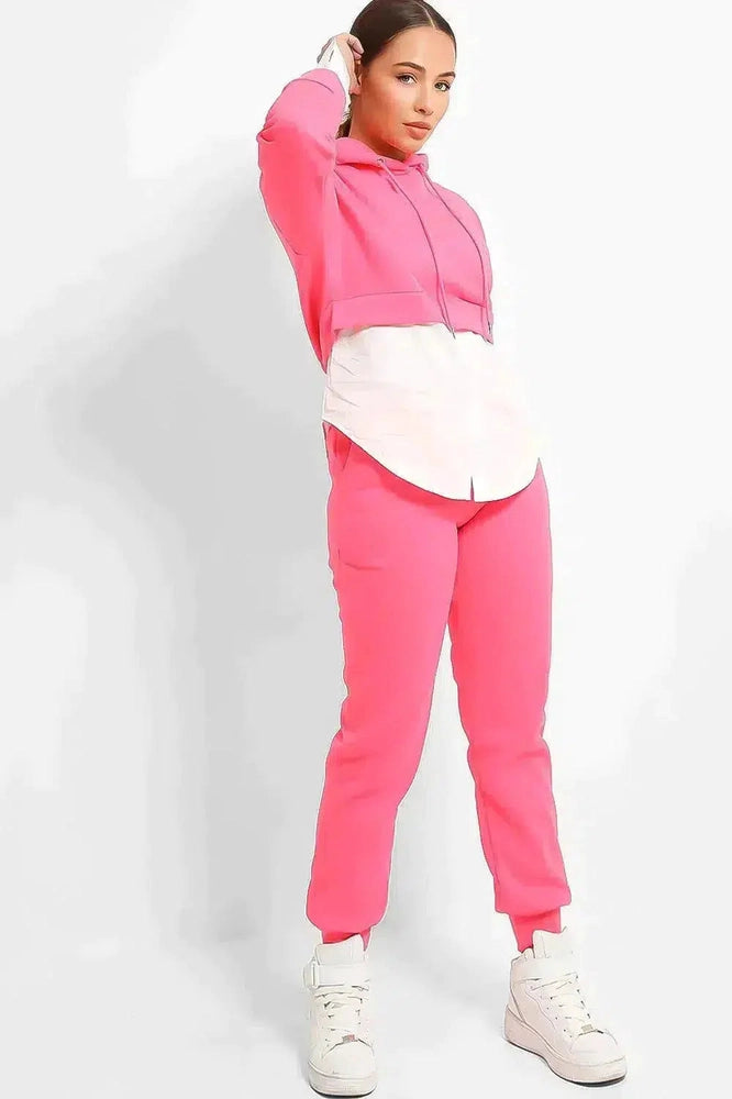 Hot Pink Hooded Cropped White Shirt Insert Tracksuit-SinglePrice