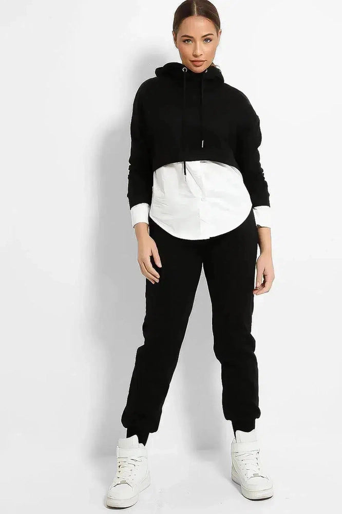 Black Hooded Cropped White Shirt Insert Tracksuit-SinglePrice