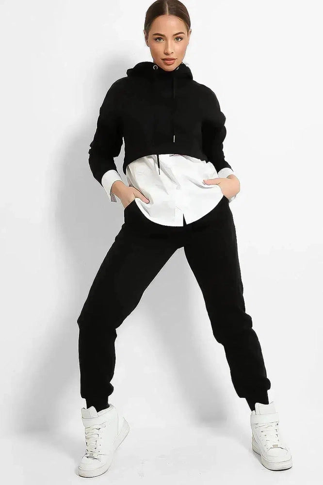 Black Hooded Cropped White Shirt Insert Tracksuit-SinglePrice