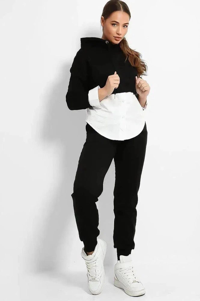 Black Hooded Cropped White Shirt Insert Tracksuit-SinglePrice