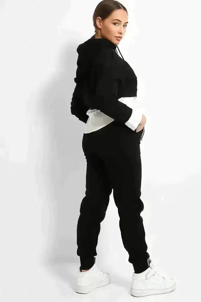 Black Hooded Cropped White Shirt Insert Tracksuit-SinglePrice