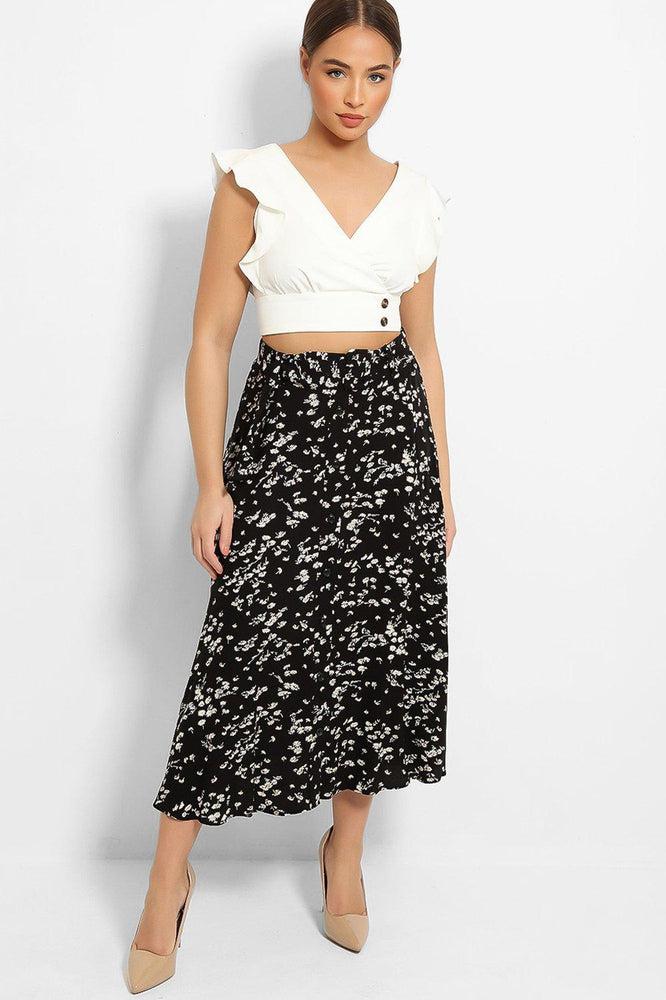 Black Floral Print Belted Buttons Front Skirt-SinglePrice