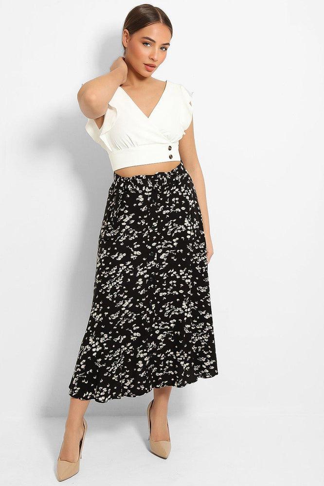 Black Floral Print Belted Buttons Front Skirt-SinglePrice