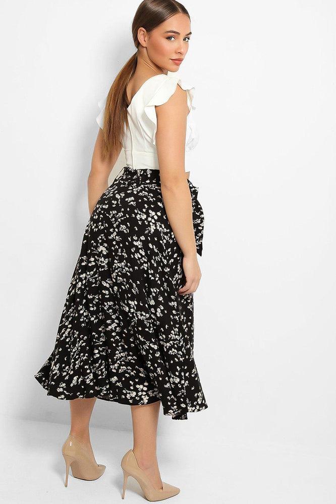 Black Floral Print Belted Buttons Front Skirt-SinglePrice