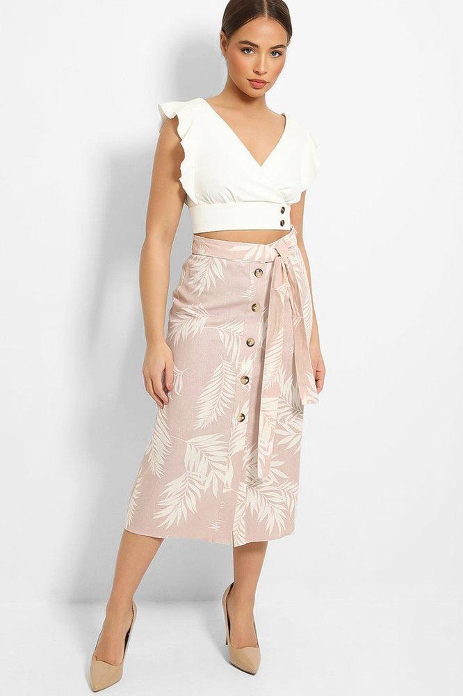 Faded Pink Palm Leaves Print Linen Blend Skirt-SinglePrice