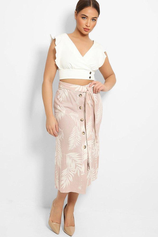 Faded Pink Palm Leaves Print Linen Blend Skirt-SinglePrice