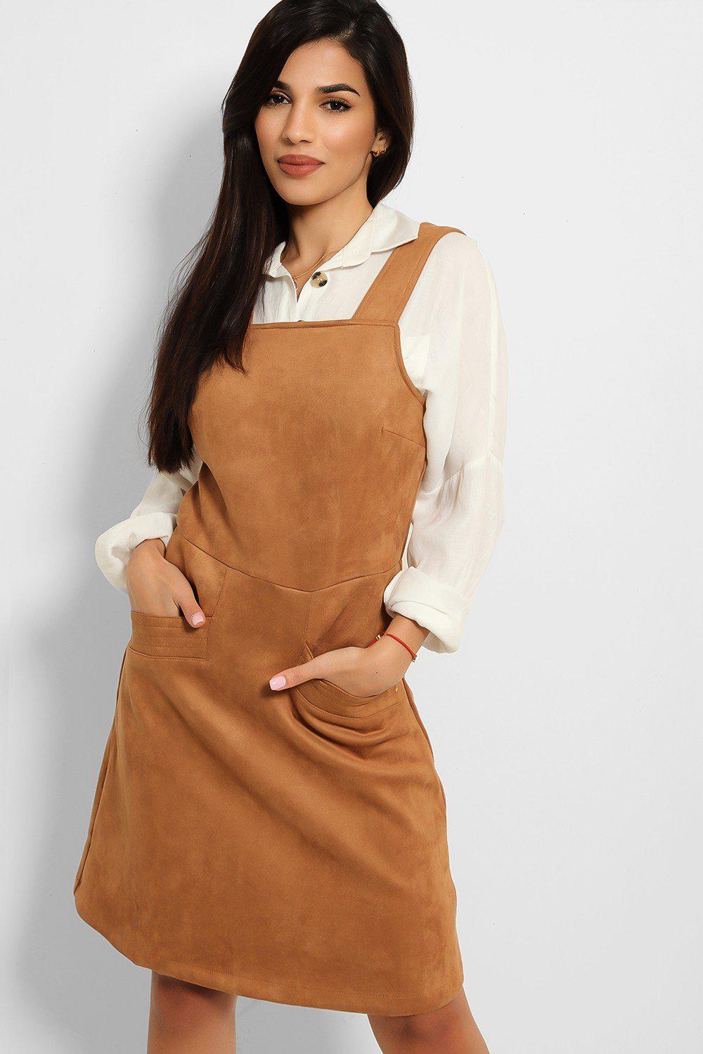 Brown Soft Faux Suede Dungaree Dress-SinglePrice