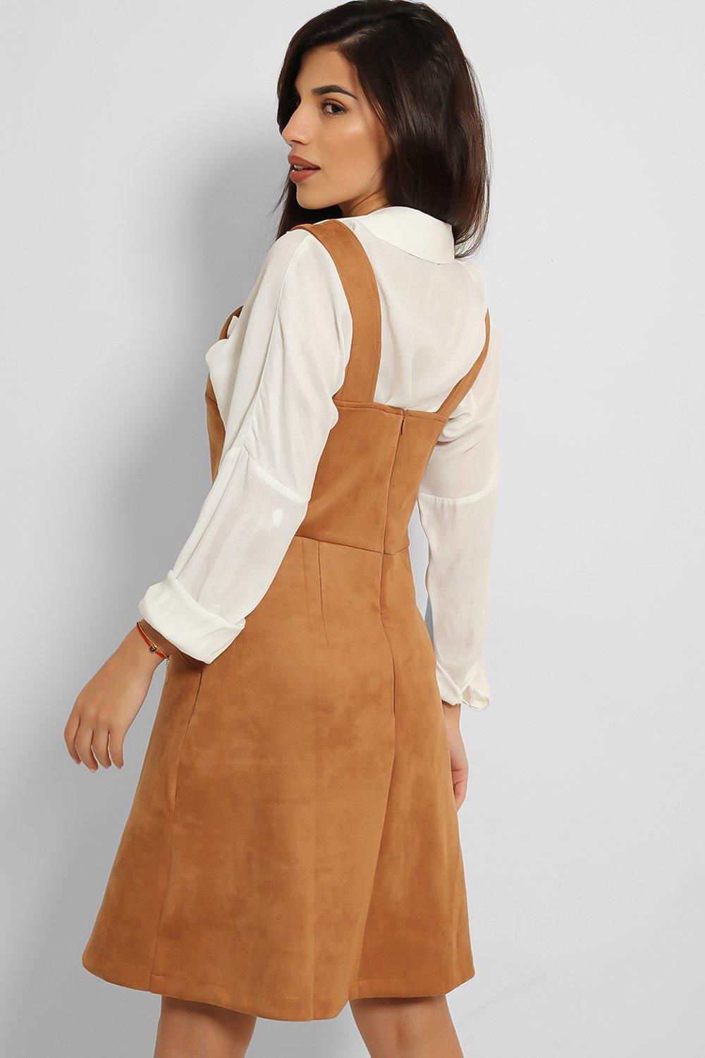 Brown Soft Faux Suede Dungaree Dress-SinglePrice