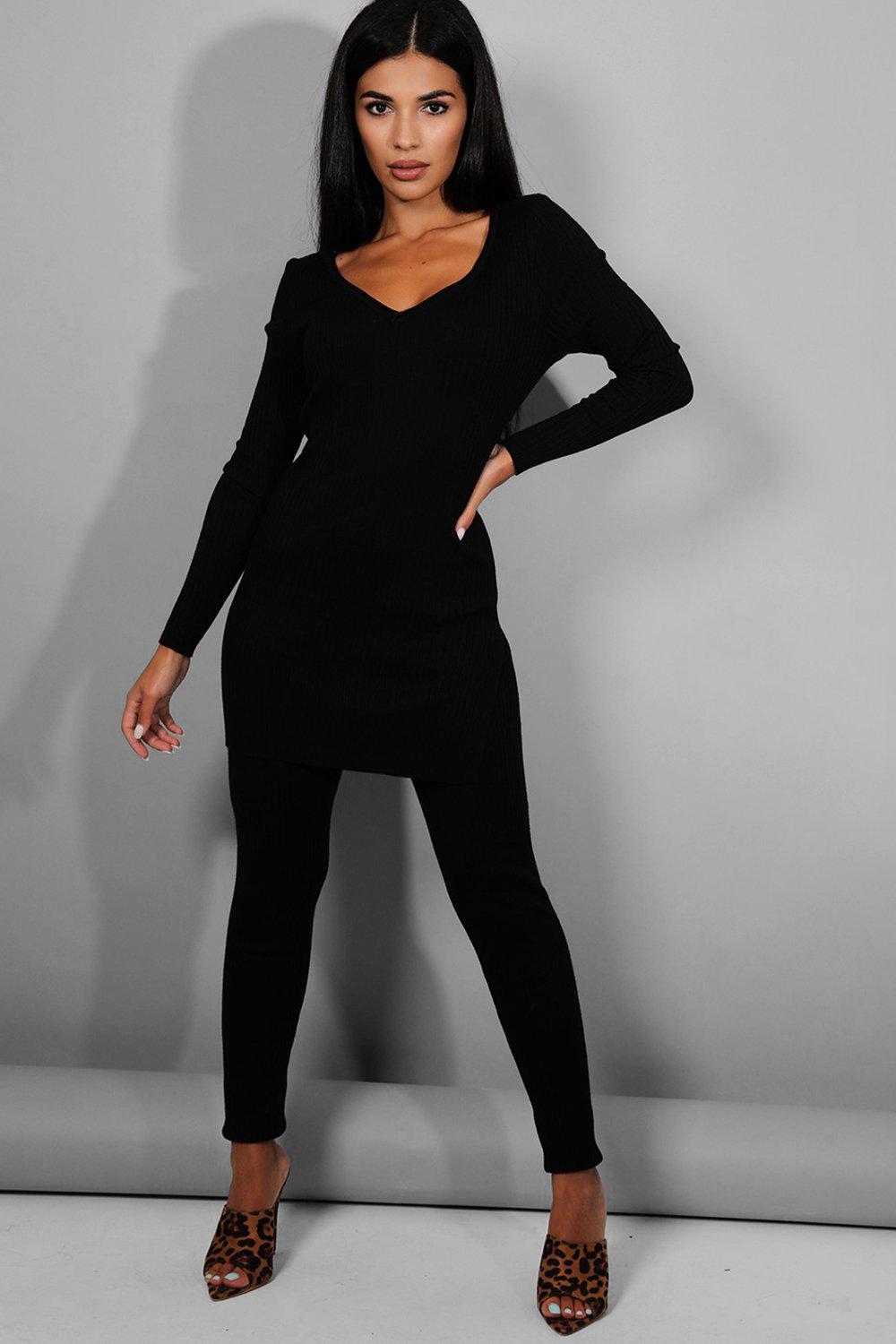 Black V-Neck Tunic And Leggings Lounge Set-SinglePrice
