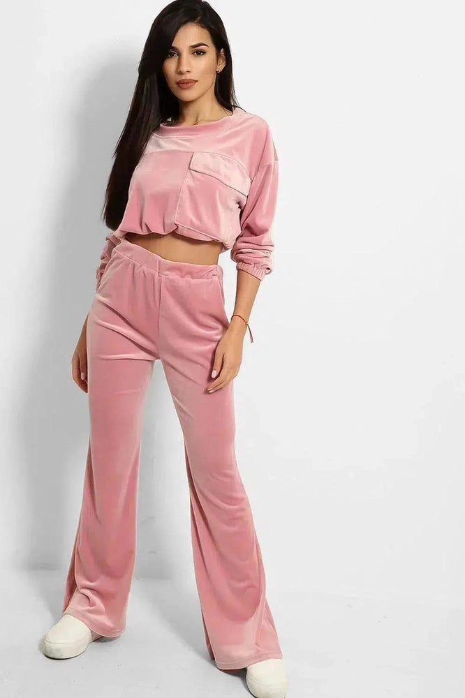 Cropped Drawstring Top And Wide Leg Trousers Velour Set-SinglePrice