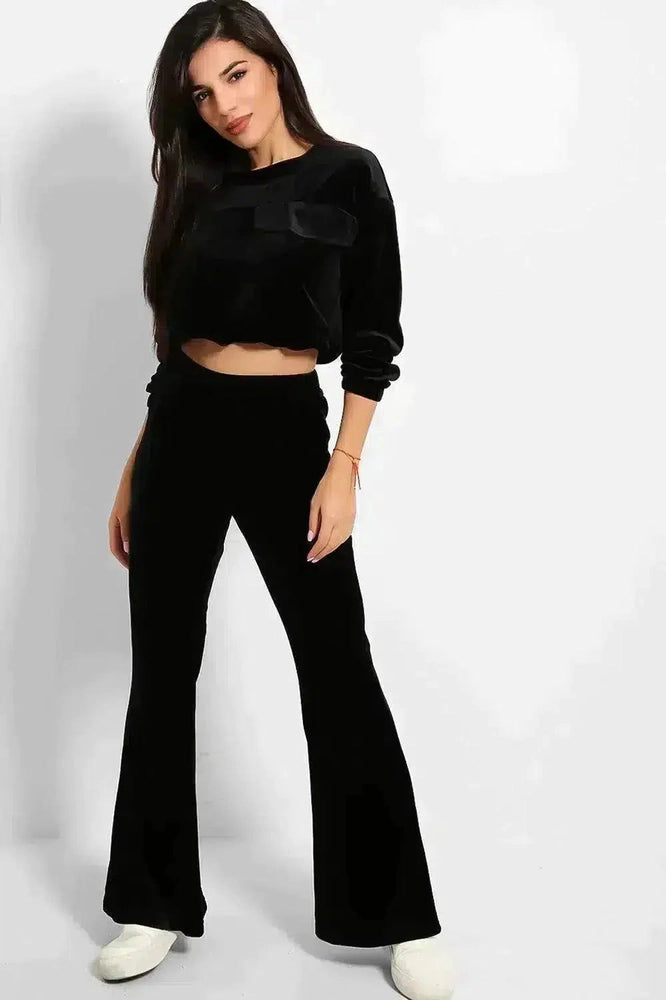 Cropped Drawstring Top And Wide Leg Trousers Velour Set-SinglePrice