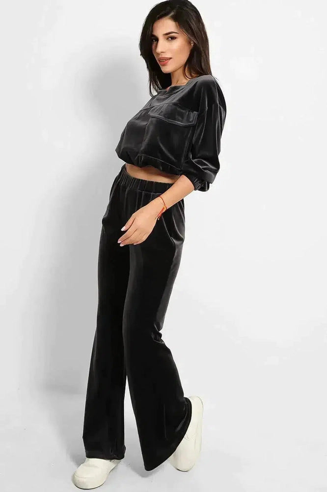 Cropped Drawstring Top And Wide Leg Trousers Velour Set-SinglePrice