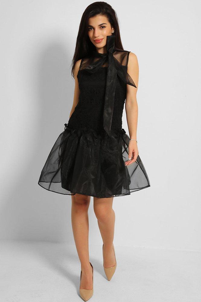 Black Pussy Bow Organza Puff Dress-SinglePrice