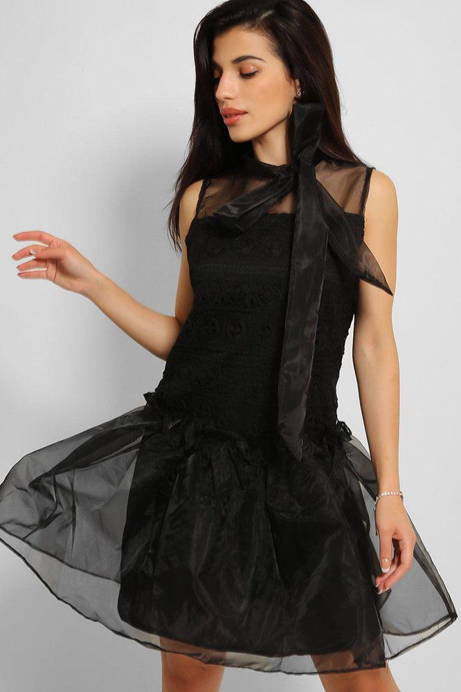 Black Pussy Bow Organza Puff Dress-SinglePrice