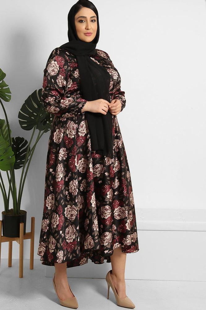 Floral Print Waist Tie Satin Modest Dress-SinglePrice