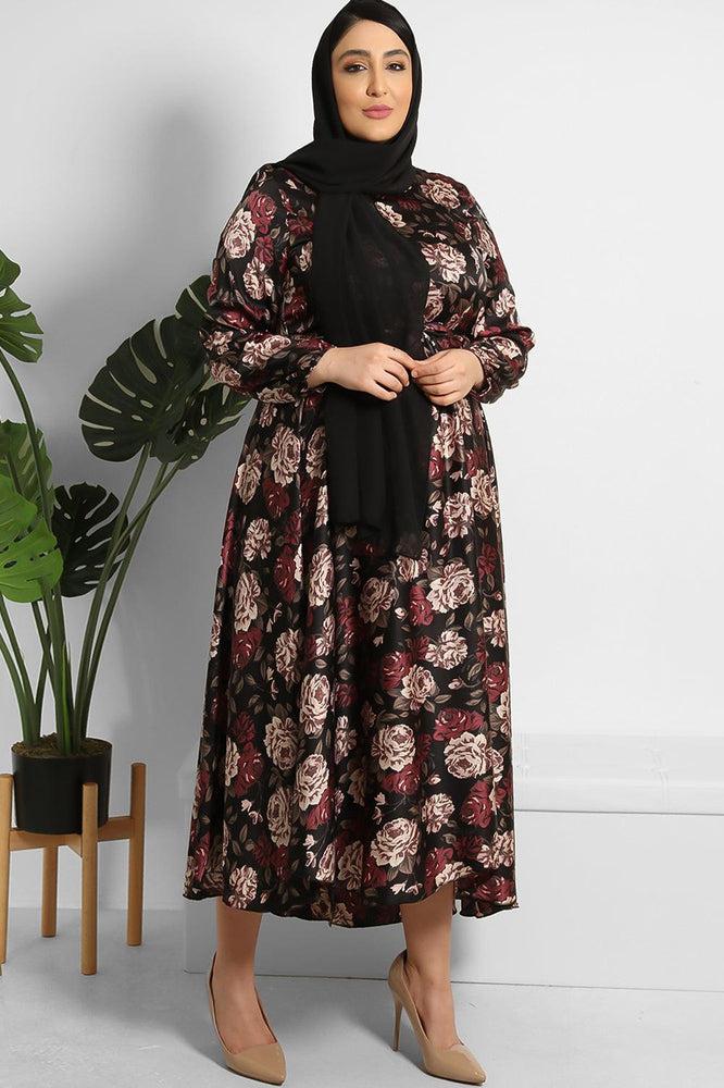 Floral Print Waist Tie Satin Modest Dress-SinglePrice