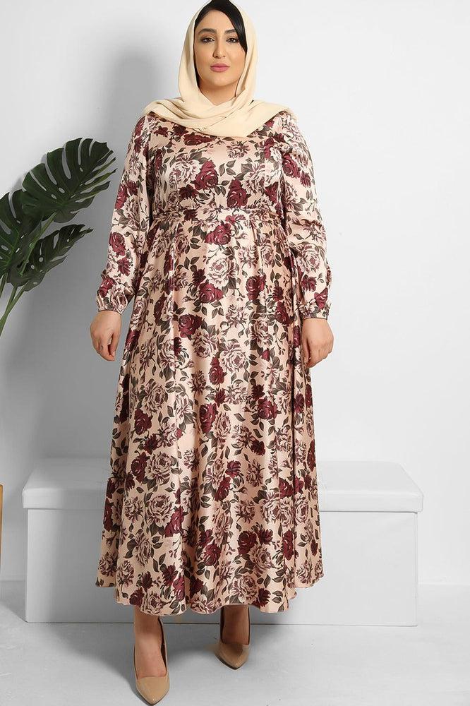 Floral Print Waist Tie Satin Modest Dress-SinglePrice