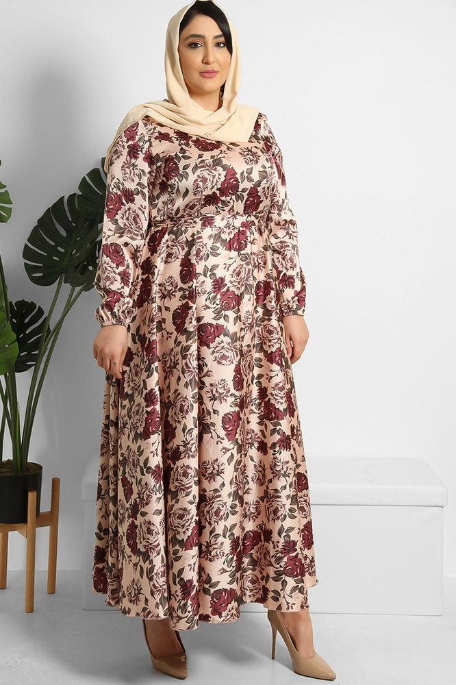 Floral Print Waist Tie Satin Modest Dress-SinglePrice