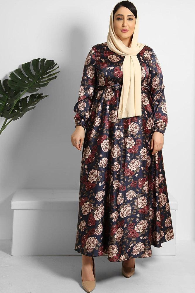 Floral Print Waist Tie Satin Modest Dress-SinglePrice