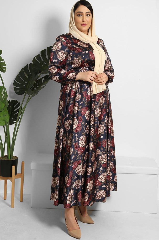 Floral Print Waist Tie Satin Modest Dress-SinglePrice