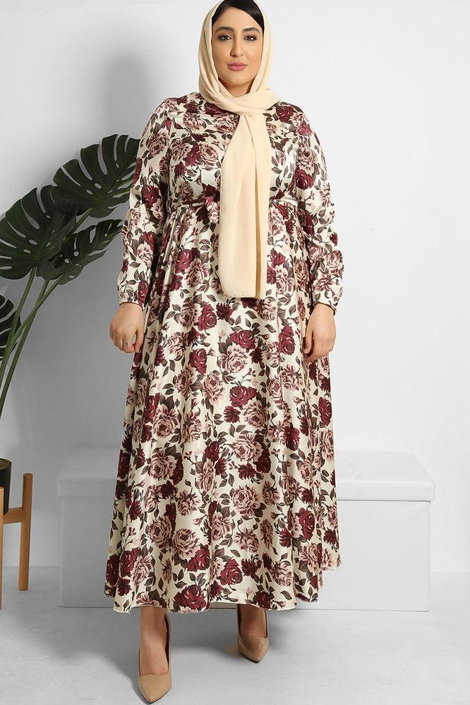 Floral Print Waist Tie Satin Modest Dress-SinglePrice