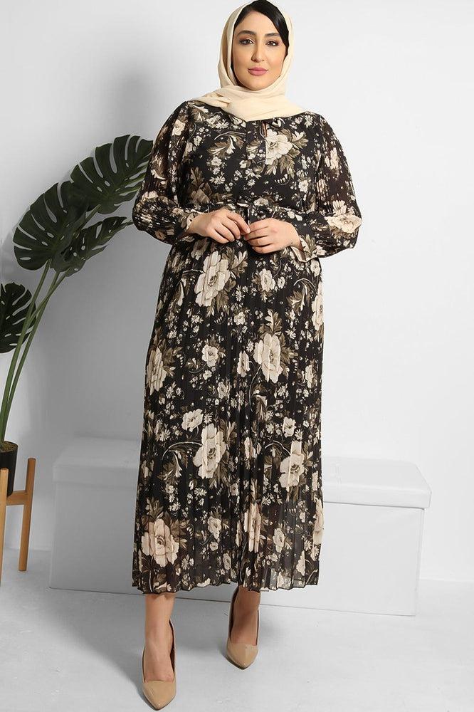 Floral Print Pleated Waist Tie Modest Dress-SinglePrice