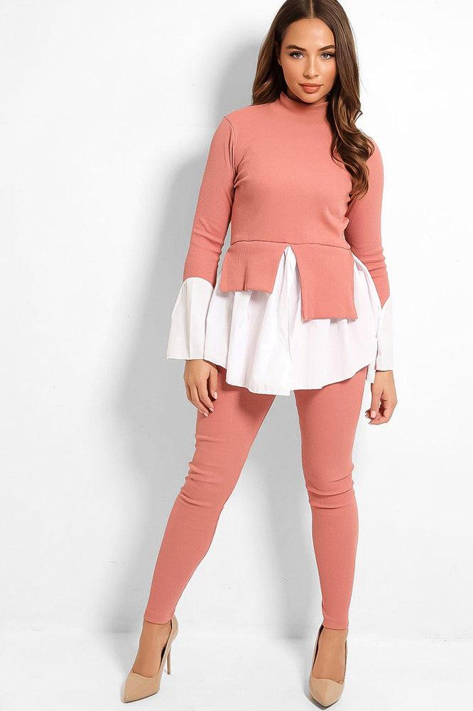 Pink Shirt Insert Ribbed Top And Leggings Set-SinglePrice