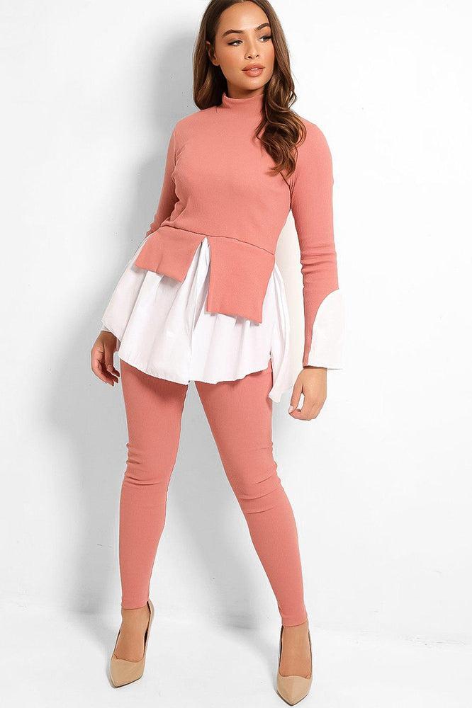 Pink Shirt Insert Ribbed Top And Leggings Set-SinglePrice