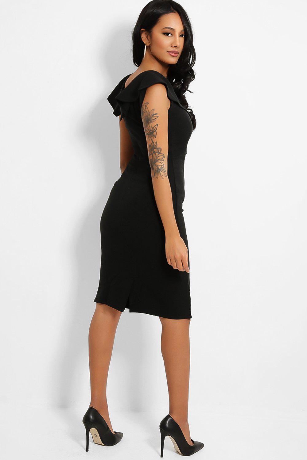 Black Bodycon Lattice Neckline Midi Dress - SinglePrice