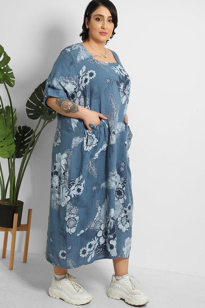 Floral Print Square Neck Relaxed Fit 100% Linen Dress-SinglePrice