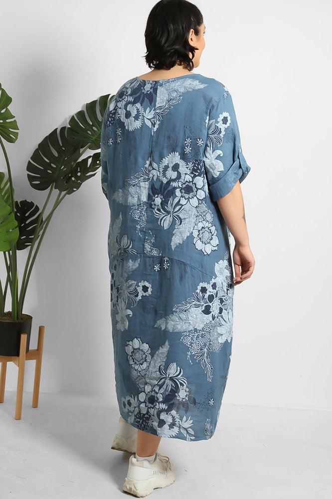 Floral Print Square Neck Relaxed Fit 100% Linen Dress-SinglePrice