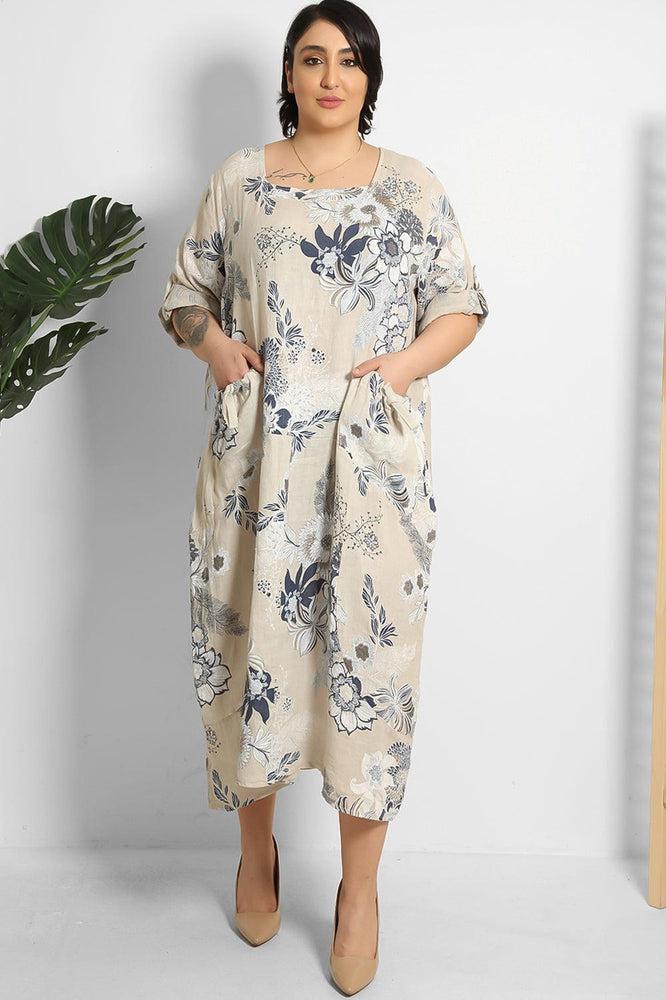 Floral Print Square Neck Relaxed Fit 100% Linen Dress-SinglePrice