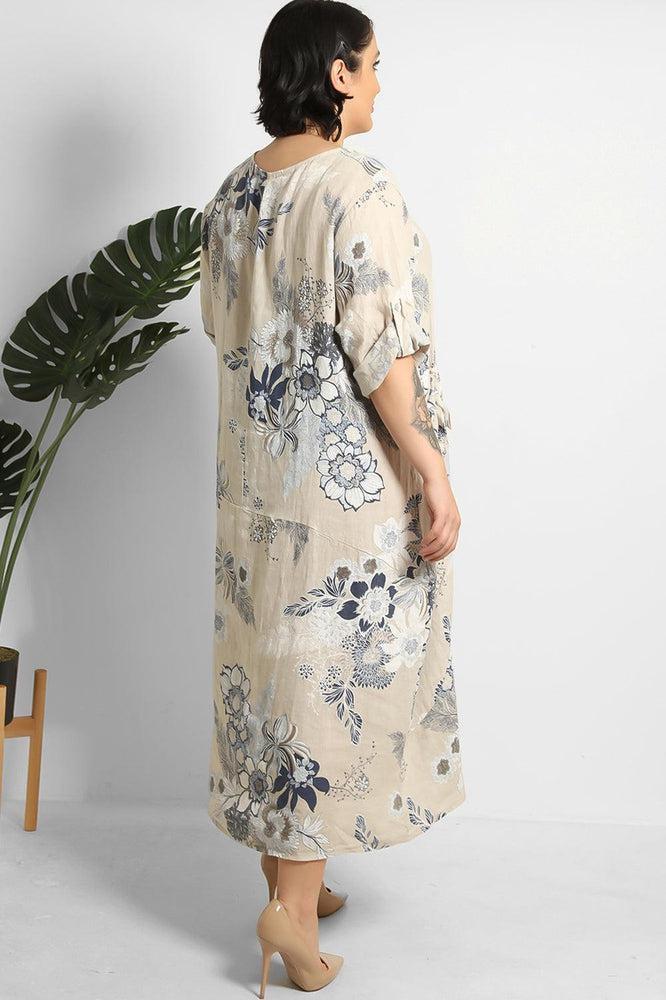 Floral Print Square Neck Relaxed Fit 100% Linen Dress-SinglePrice