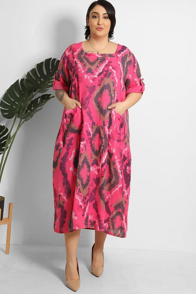 Floral Print Square Neck Relaxed Fit 100% Linen Dress-SinglePrice