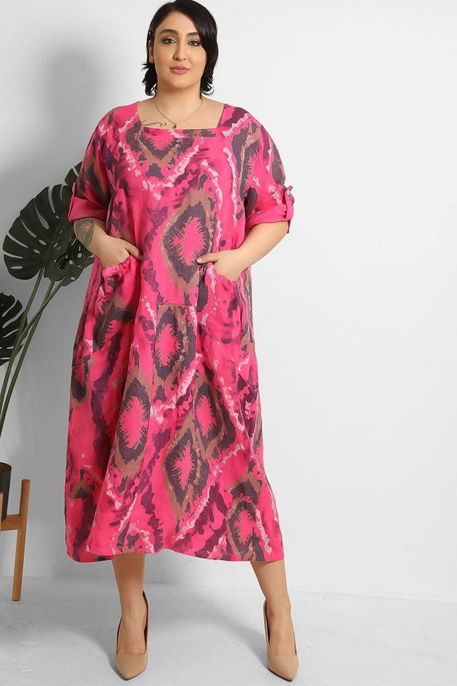 Floral Print Square Neck Relaxed Fit 100% Linen Dress-SinglePrice