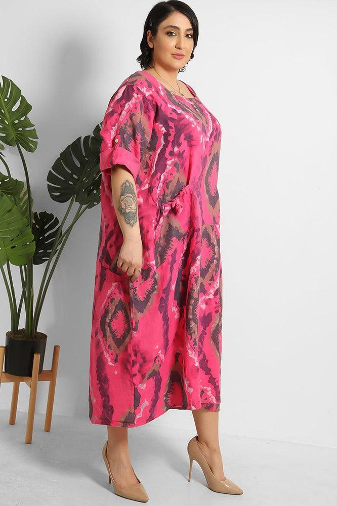 Floral Print Square Neck Relaxed Fit 100% Linen Dress-SinglePrice