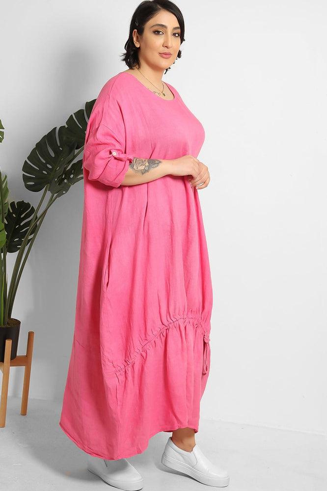 Drawstring Hem Relaxed Fit 100% Linen Tunic Dress-SinglePrice