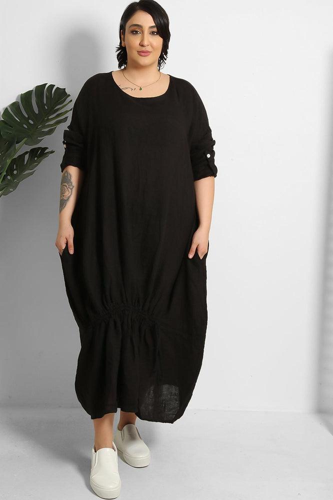 Drawstring Hem Relaxed Fit 100% Linen Tunic Dress-SinglePrice